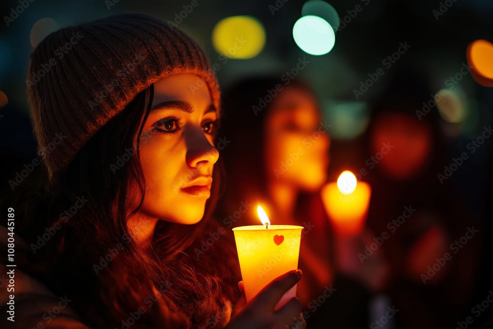 Group of protesters holding candles during a vigil, solemn and reflective mood. Group of protesters holding candles during a vigil, solemn and reflective mood.