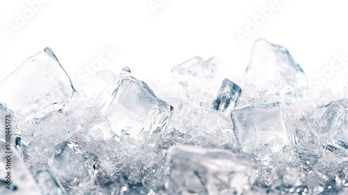 Close-up of clear ice cubes with water droplets on a white background.