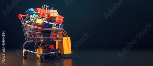 Black Friday shopping cart filled with gift boxes and electronics on dark gradient background