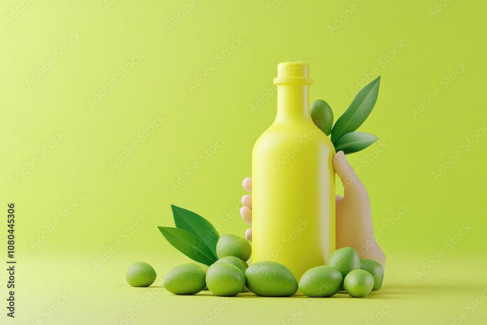 Hand holding olive oil bottle with green olives and leaves on pastel background, modern concept of Mediterranean purity.. Hand holding olive oil bottle with green olives and leaves on pastel background, modern concept of Mediterranean purity..