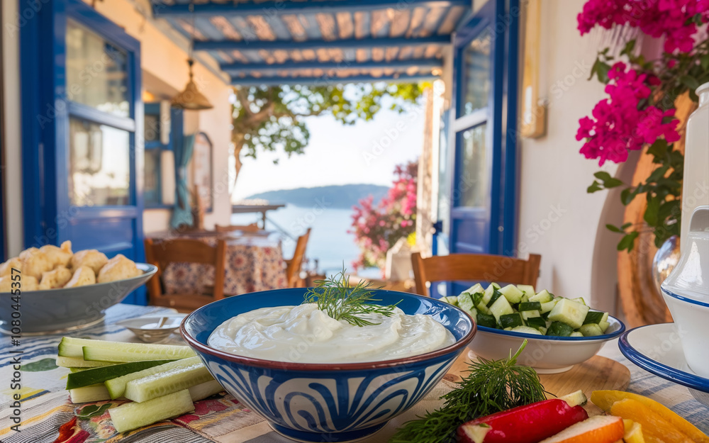 Fototapeta premium Traditional greek tzatziki sauce served with fresh vegetables and stunning sea view