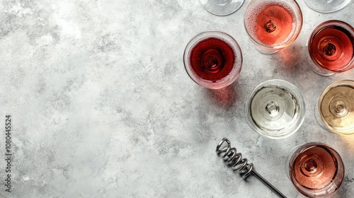 A colorful assortment of wine glasses filled with red, rosé, and white wine on a textured gray background. photo