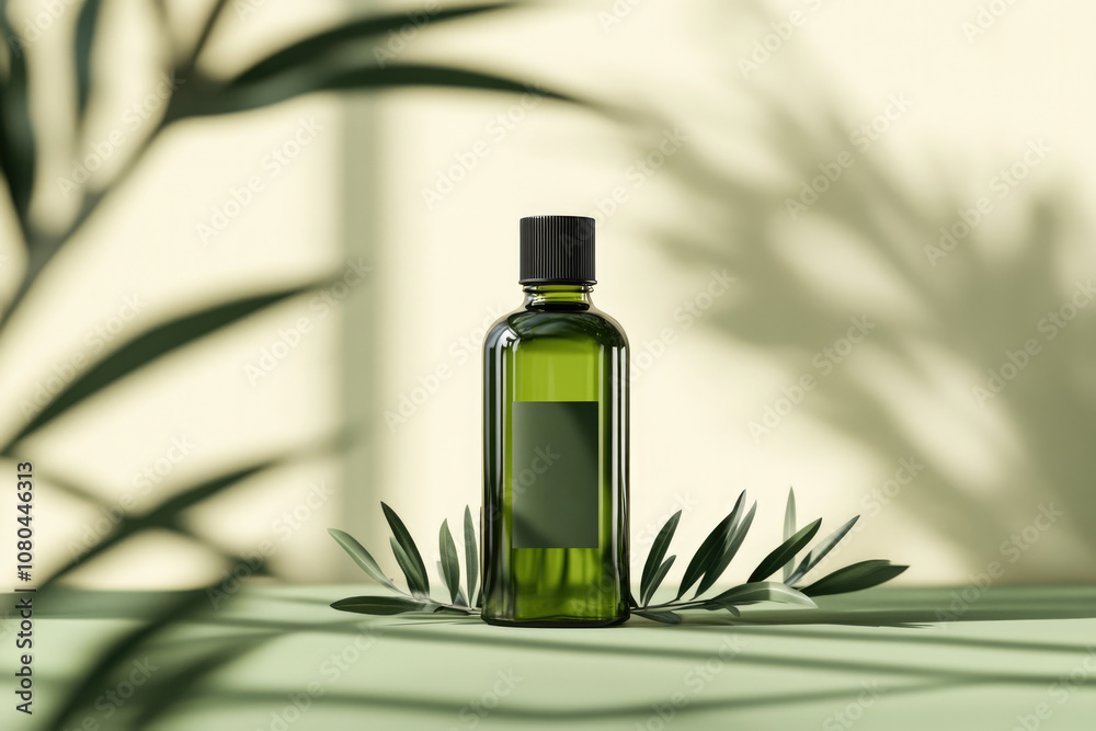mockup of Small olive oil bottle with shadows of olive branches, creating a serene and natural aesthetic that evokes the essence of Mediterranean simplicity and purity. mockup of Small olive oil bottle with shadows of olive branches, creating a serene and natural aesthetic that evokes the essence of Mediterranean simplicity and purity.