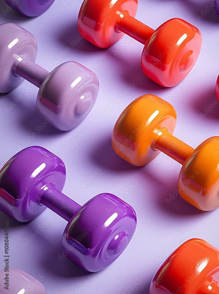 A row of colorful dumbbells are displayed on a purple background A row of colorful dumbbells are displayed on a purple background