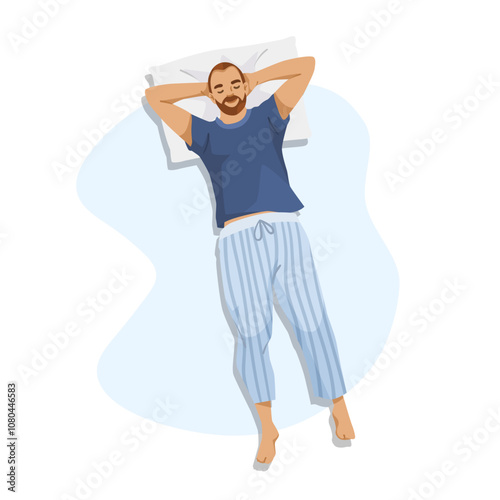 A man sleeping peacefully on a pillow, enjoying rest. Vector illustration