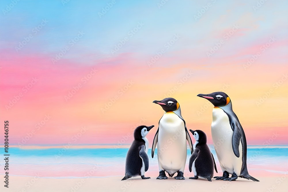 Obraz premium Penguin Family Huddled on Pastel Background.
