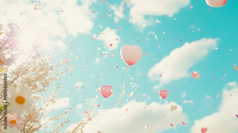 Fototapeta premium Heart-shaped Balloons Floating with Confetti Against a Blue Sky