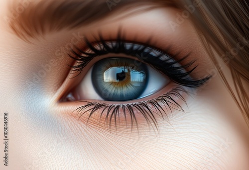 Close up of a Woman s Blue Eye Detailed Iris Eyelashes Skin Texture