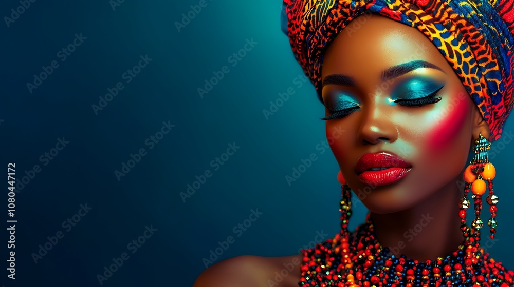 A vibrant portrait of a woman adorned with colorful accessories and striking makeup. A vibrant portrait of a woman adorned with colorful accessories and striking makeup.