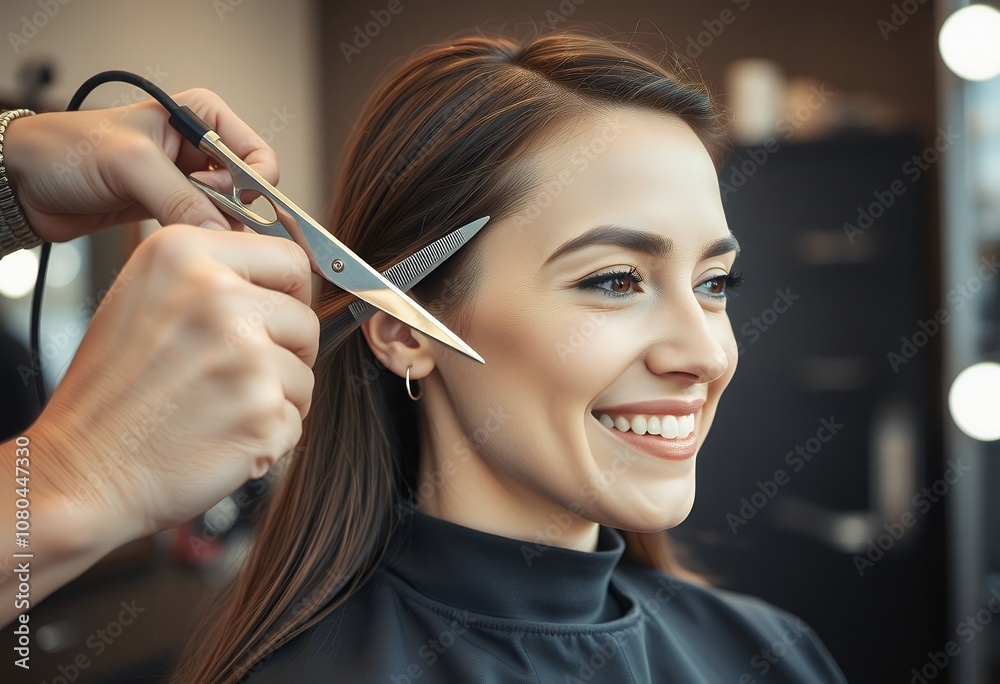 Obraz premium Hair Salon Woman Getting Haircut Professional Hairdresser Long Hair Styling Hairdressing Scissors