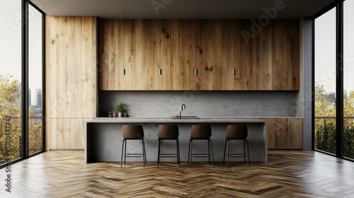 Spacious modern kitchen featuring sleek wood paneling, a long counter with stylish bar stools, and large windows offering a view, emphasizing minimalistic design.