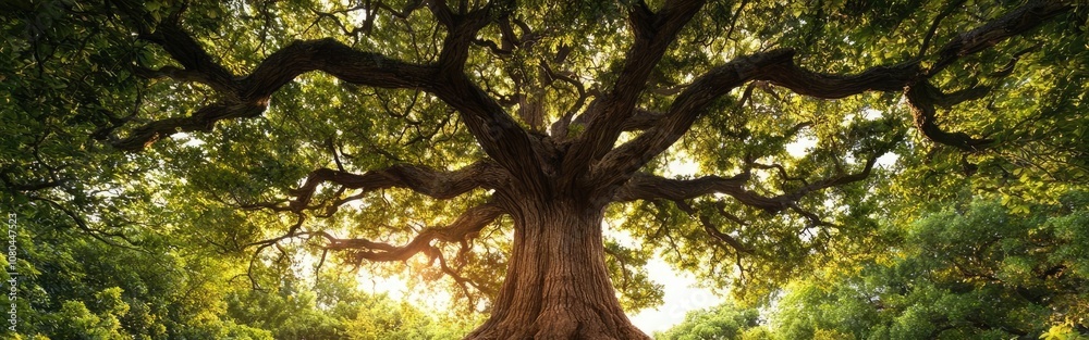 Obraz premium Majestic tree with vibrant roots under a golden sunset glow.