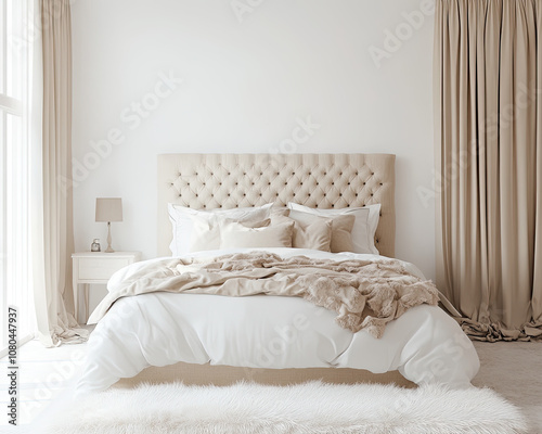 Bright Bedroom with White Wall, Beige Headboard for a Soft and Inviting Atmosphere