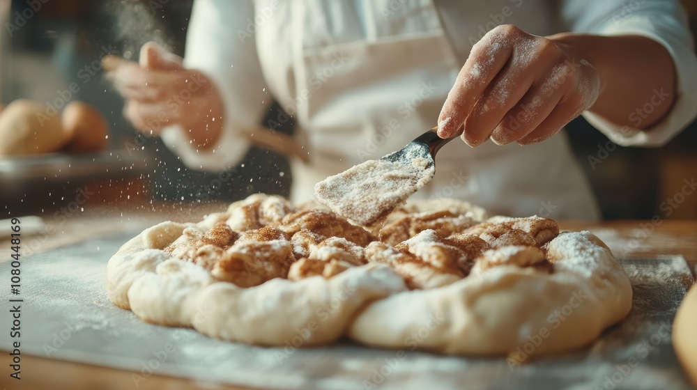 A meticulous artisan skillfully arranges apple pie dough in delicate floral patterns sprinkled with flour, showcasing the love and beauty in traditional baking. A meticulous artisan skillfully arranges apple pie dough in delicate floral patterns sprinkled with flour, showcasing the love and beauty in traditional baking.
