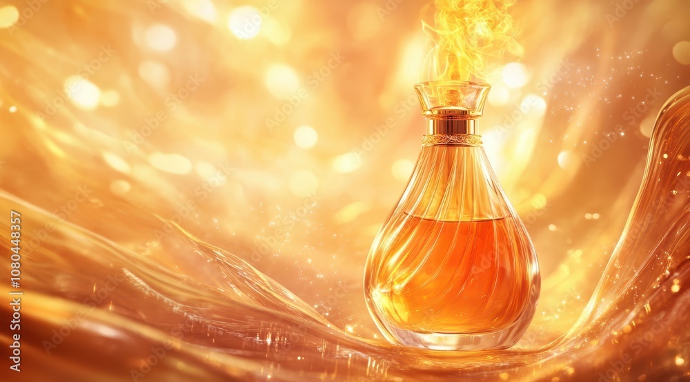 A glowing bottle of amber liquid emits a warm light against a shimmering golden background, evoking a sense of magic and allure. A glowing bottle of amber liquid emits a warm light against a shimmering golden background, evoking a sense of magic and allure.