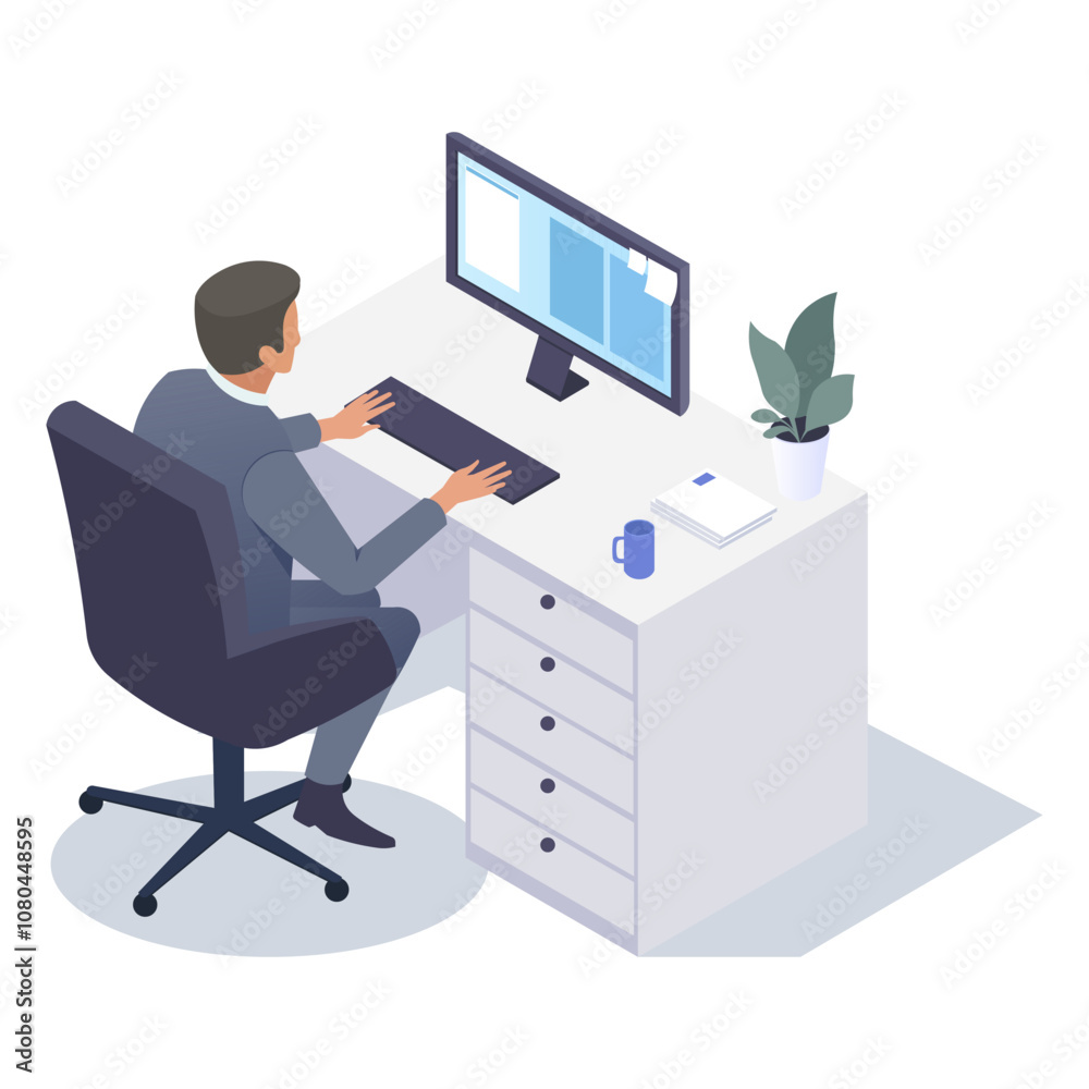 A businessman at a desk working on a computer, in isometric style. Background is minimal, concept of productivity. Vector illustration A businessman at a desk working on a computer, in isometric style. Background is minimal, concept of productivity. Vector illustration