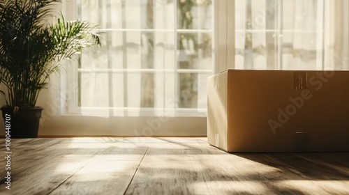 A singular cardboard box bathed in sunlight through a window, surrounded by a wooden floor and a green plant, symbolizing new opportunities or adventures ahead. photo