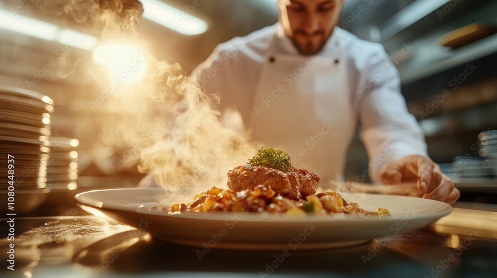 In a bustling kitchen, a chef presents an expertly prepared meat dish, surrounded by steam and light, illustrating the artistry and passion in professional cooking. In a bustling kitchen, a chef presents an expertly prepared meat dish, surrounded by steam and light, illustrating the artistry and passion in professional cooking.