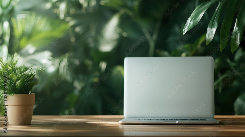 The serene workspace evokes a sense of peace with a laptop and lush greenery on a wooden desk, nestled against a backdrop of rich foliage, highlighting nature's influence.
