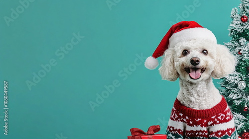cute poodle dog with cristmas tree and presents xmas and new year background