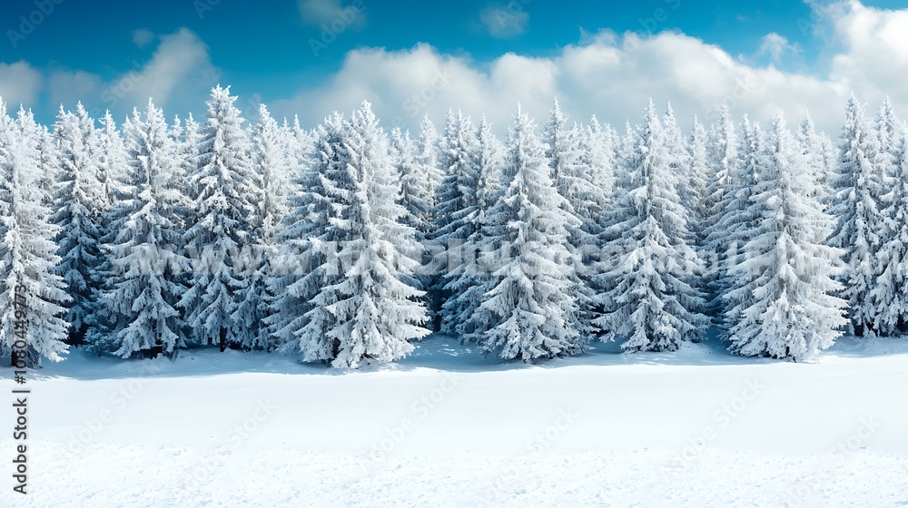 Fototapeta premium Snow-Covered Fir Trees in a Wintery Forest Landscape