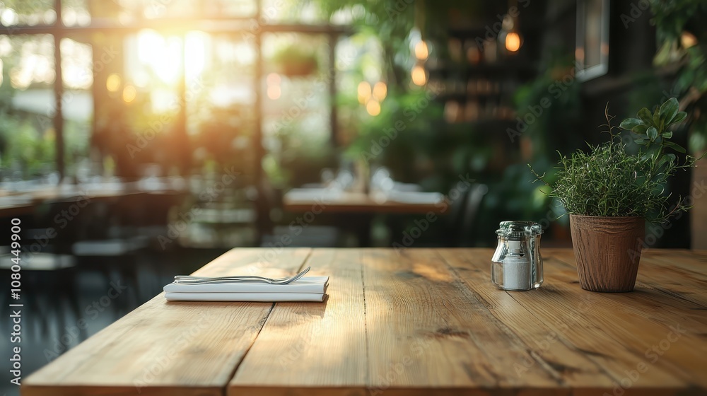 A sunlit wooden table set with utensils, surrounded by lush greenery, creating a cozy and inviting dining atmosphere, perfect for a tranquil meal experience.