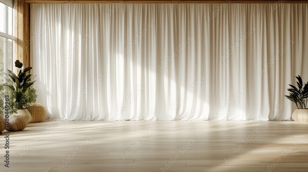 A bright yoga studio bathed in natural light. The space boasts white flowing curtains, wooden detailing, green plants, and a peaceful, harmonious atmosphere. A bright yoga studio bathed in natural light. The space boasts white flowing curtains, wooden detailing, green plants, and a peaceful, harmonious atmosphere.