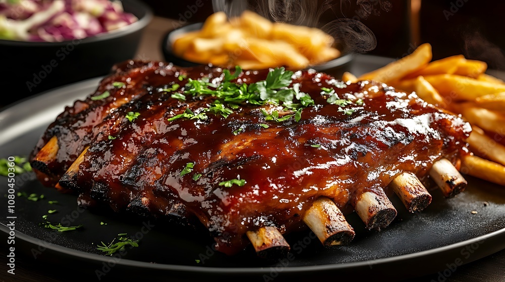 grilled beef steak with vegetables, Close-up BBQ ribs on rustic board, rich glaze, tender meat, grilled beef steak with vegetables, Close-up BBQ ribs on rustic board, rich glaze, tender meat,