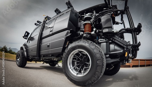 Futuristic offroad camper van on tarmac low view