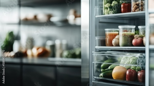 A glimpse inside a shiny refrigerator with neatly organized fresh fruits, vegetables, and juice, showcasing healthy living and conscientious dietary choices. photo