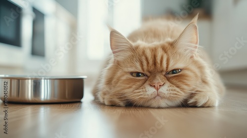 A fluffy cat lies lazily on the floor next to an empty shiny metal food bowl, looking somewhat discontent in the familiar surroundings of a sunlit kitchen.