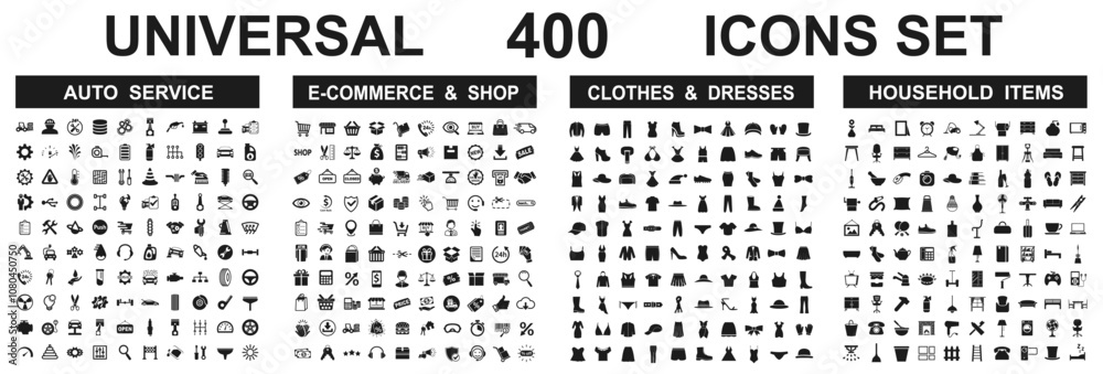 Set 400 icons: auto service, shopping, clothes, home living signs collection Set 400 icons: auto service, shopping, clothes, home living signs collection