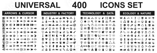 Set 400 icons: arrows, industry, ecology, technology signs collection