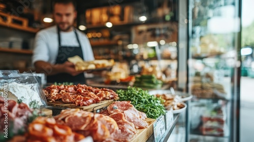 In a charming store, a variety of fresh meats is prominently displayed amidst rustic decor, with a focus on quality and artisanal presentation for customers.