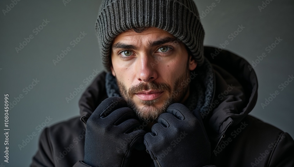 Serious young man in winter coat and hat with gloves close-up portrait
Serious young man in winter coat and hat with gloves close-up portrait