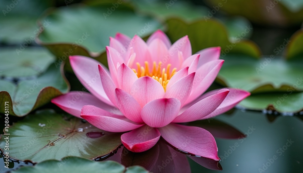 Beautiful pink lotus blooming on tranquil pond surface Beautiful pink lotus blooming on tranquil pond surface
