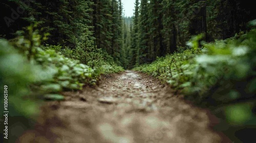 A narrow dirt path winding through a dense forest, with lush green foliage enveloping the area, suggesting a serene and introspective nature journey.
