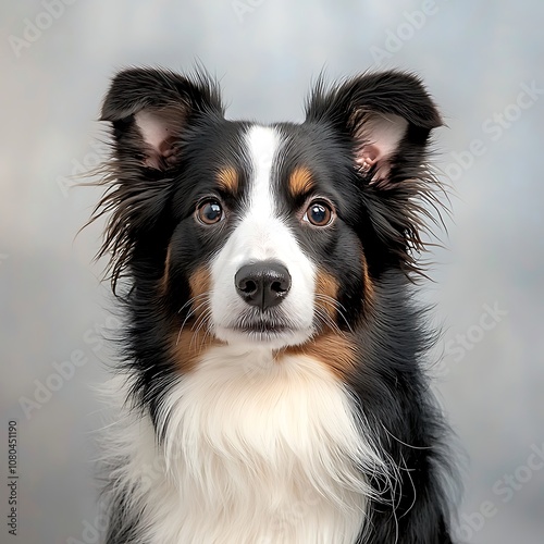 The beautiful border collie dog sits proudly in the studio, its mesmerizing eyes locked onto the camera with a sense of intelligence and focus that is characteristic of its breed