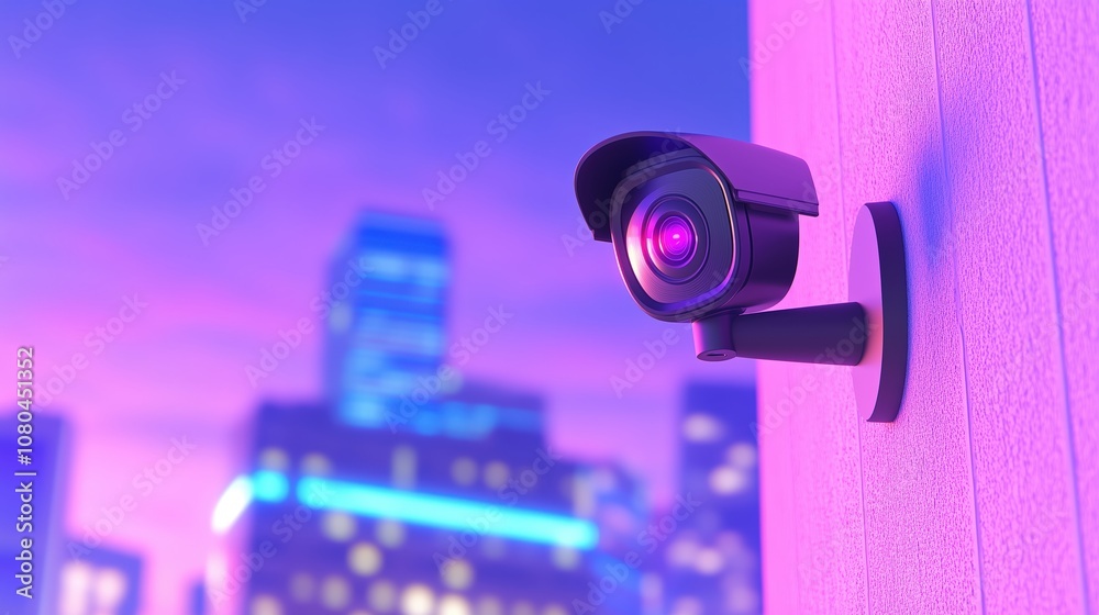 A stylish security camera overlooks a vibrant urban skyline, illuminated in shades of purple and blue, capturing a modern city atmosphere. A stylish security camera overlooks a vibrant urban skyline, illuminated in shades of purple and blue, capturing a modern city atmosphere.