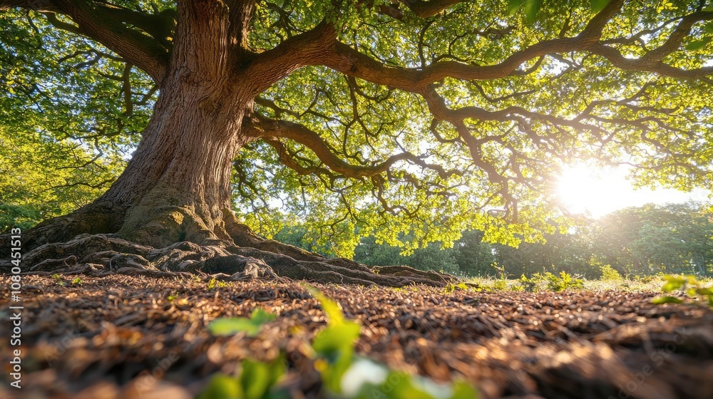 Obraz premium Majestic tree with sprawling branches against a sunlit forest backdrop