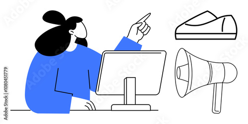 Woman in blue shirt pointing at computer monitor with shoes and megaphone nearby. Ideal for marketing, communication, online shopping, e-commerce, social media, customer engagement, workplace