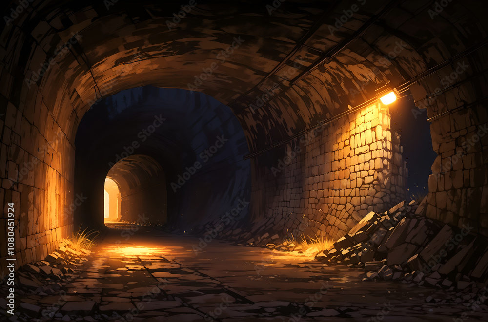 Dark underground tunnel illuminated with warm light, perfect for mystery or adventure themes. Generative AI Dark underground tunnel illuminated with warm light, perfect for mystery or adventure themes. Generative AI