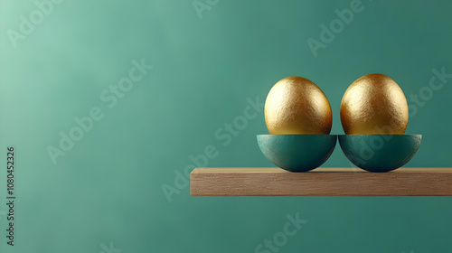 Golden Eggs on Teal Bowls on a Wooden Shelf - 3D Illustration photo