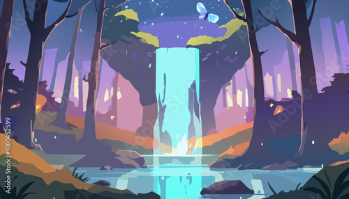 Fantasy forest with a waterfall. Vector illustration in cartoon style.