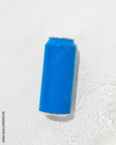 Blue can of water with blank packaging with white water splash background 