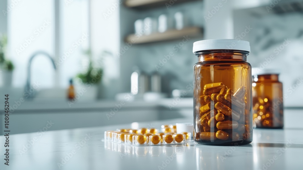 An array of vitamin capsules in amber glass bottles sitting on a sleek kitchen counter, highlighted by the soft indoor lighting from nearby windows. An array of vitamin capsules in amber glass bottles sitting on a sleek kitchen counter, highlighted by the soft indoor lighting from nearby windows.