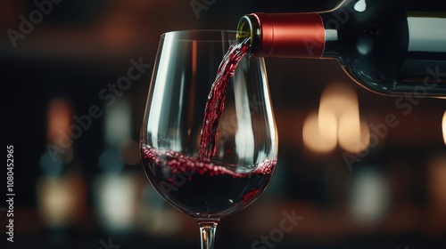 This image captures a moment where red wine is elegantly being poured into a glass, highlighting the rich color and texture, in a warm and inviting atmosphere.