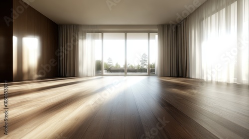 A wide-open, empty room with a sleek wooden floor, bathed in warm sunlight streaming through large floor-to-ceiling glass doors, offering a serene atmosphere.