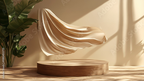 Fototapeta Naklejka Na Ścianę i Meble -  3d display podium, brown background with wood frame pedestal and flying silk cloth curtain. nature wind. presentation stand. luxury feminine mockup 3d render advertisement. Opulent. Illustration