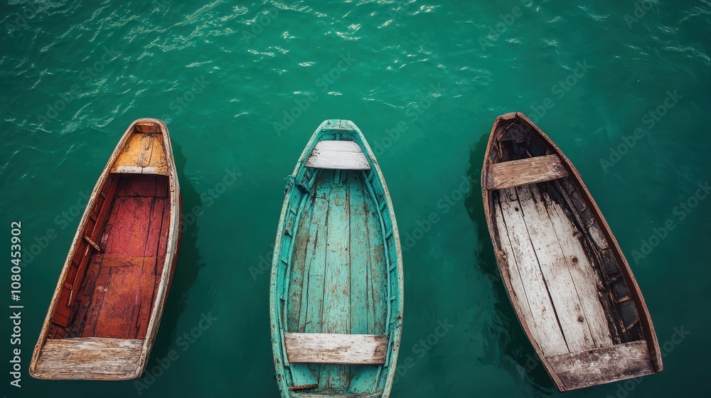 An aerial perspective captures three rowboats, displaying their colorful exteriors and rich textures as they drift on pristine emerald water under a clear blue sky. An aerial perspective captures three rowboats, displaying their colorful exteriors and rich textures as they drift on pristine emerald water under a clear blue sky.